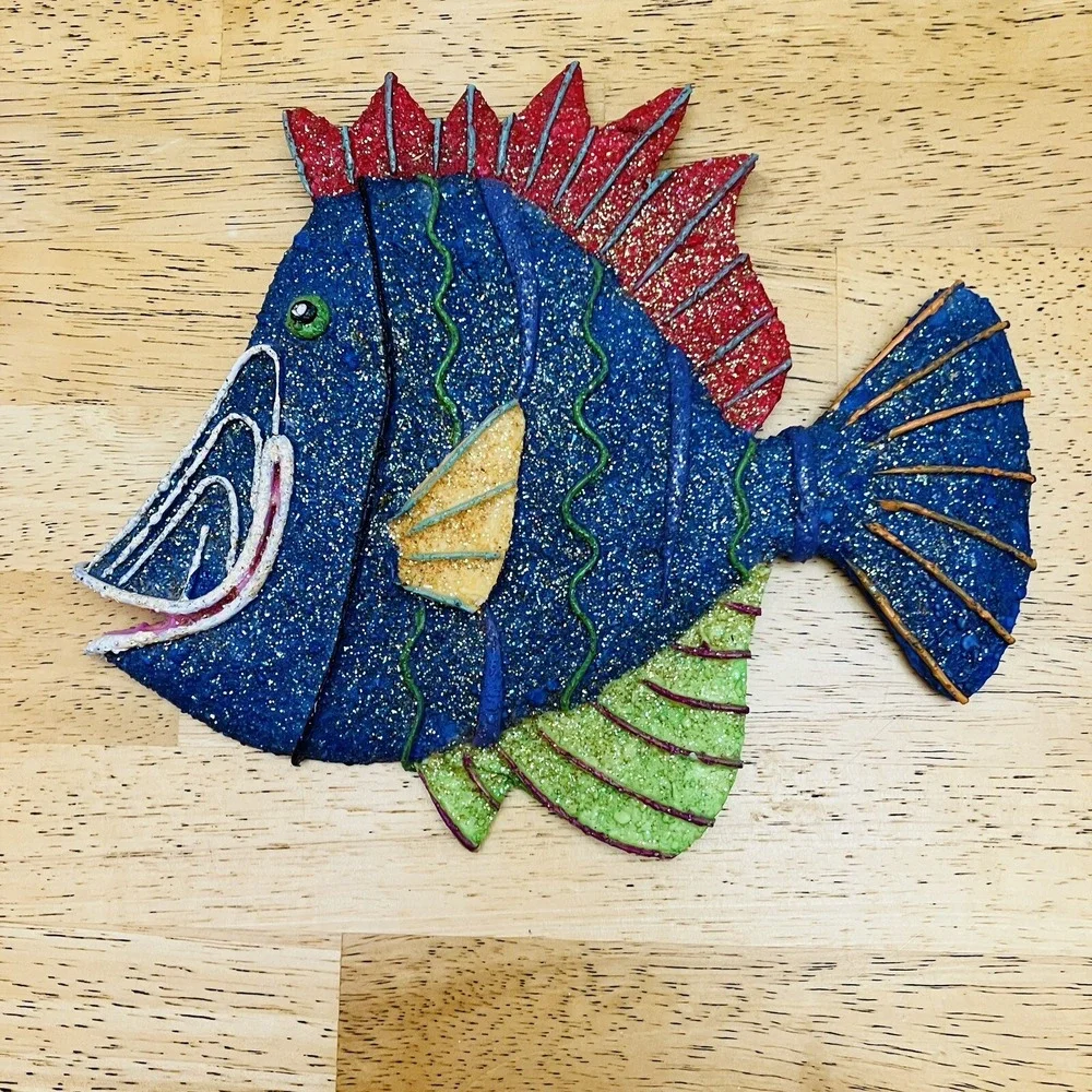 Set Of 3 Glitter Fish Wall Hangings- Blue Red Pink Green Yellow Purple